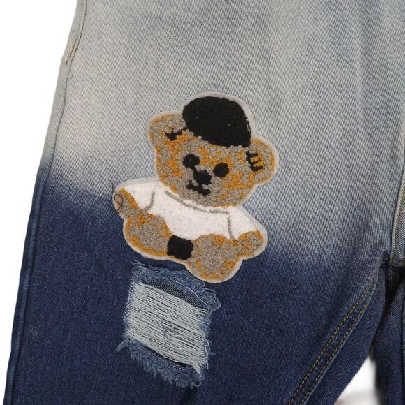 GB18401-2010 Classic B Men's 32x31 Distressed Bleach Jeans Bear Varsity Patches - Picture 3 of 8
